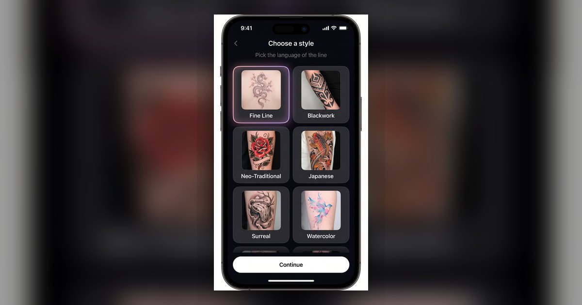 Fine line dövme örneklerinin seçildiği Tattoo Genie stil ekranı.