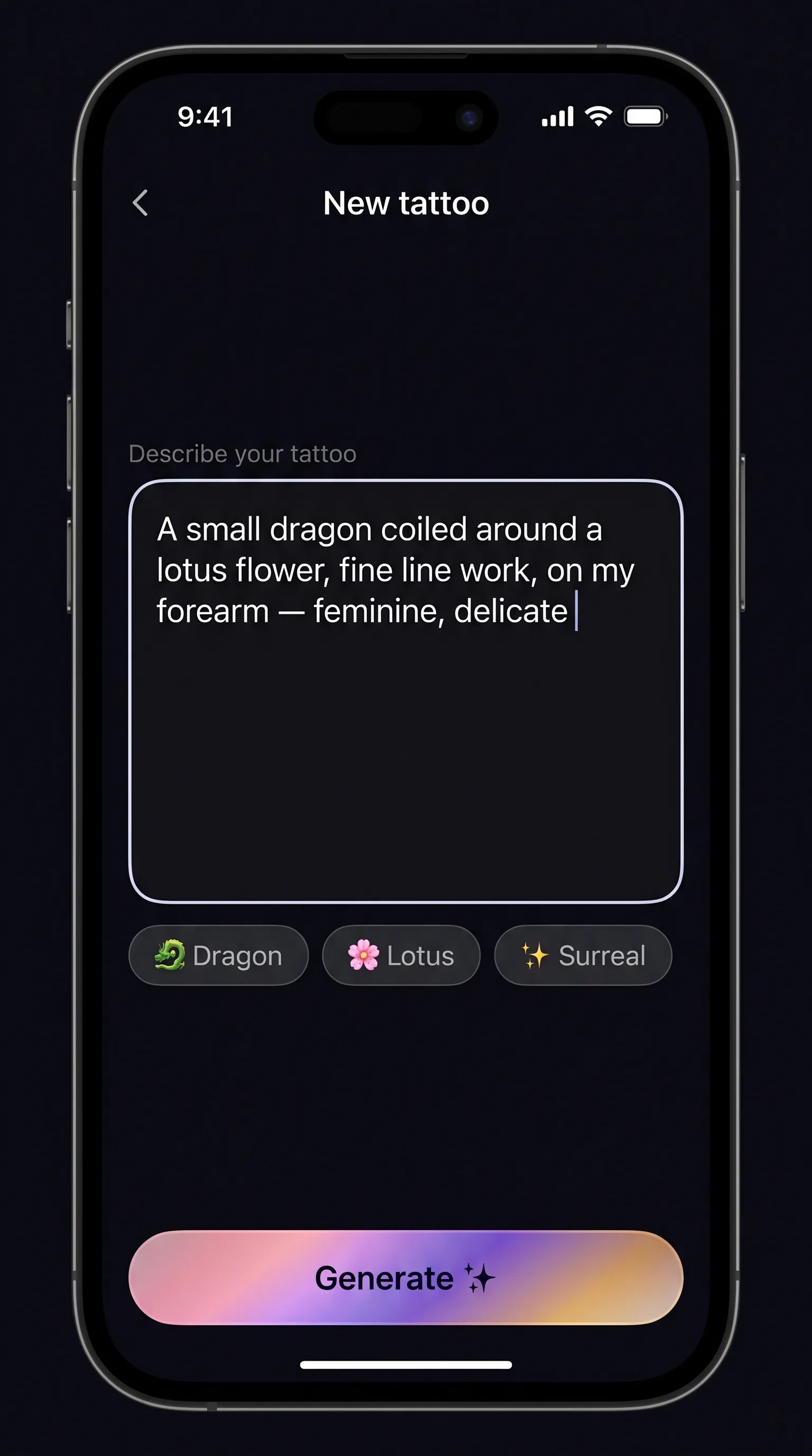 Tattoo Genie app — Kendi sözcüklerinle söyle.
