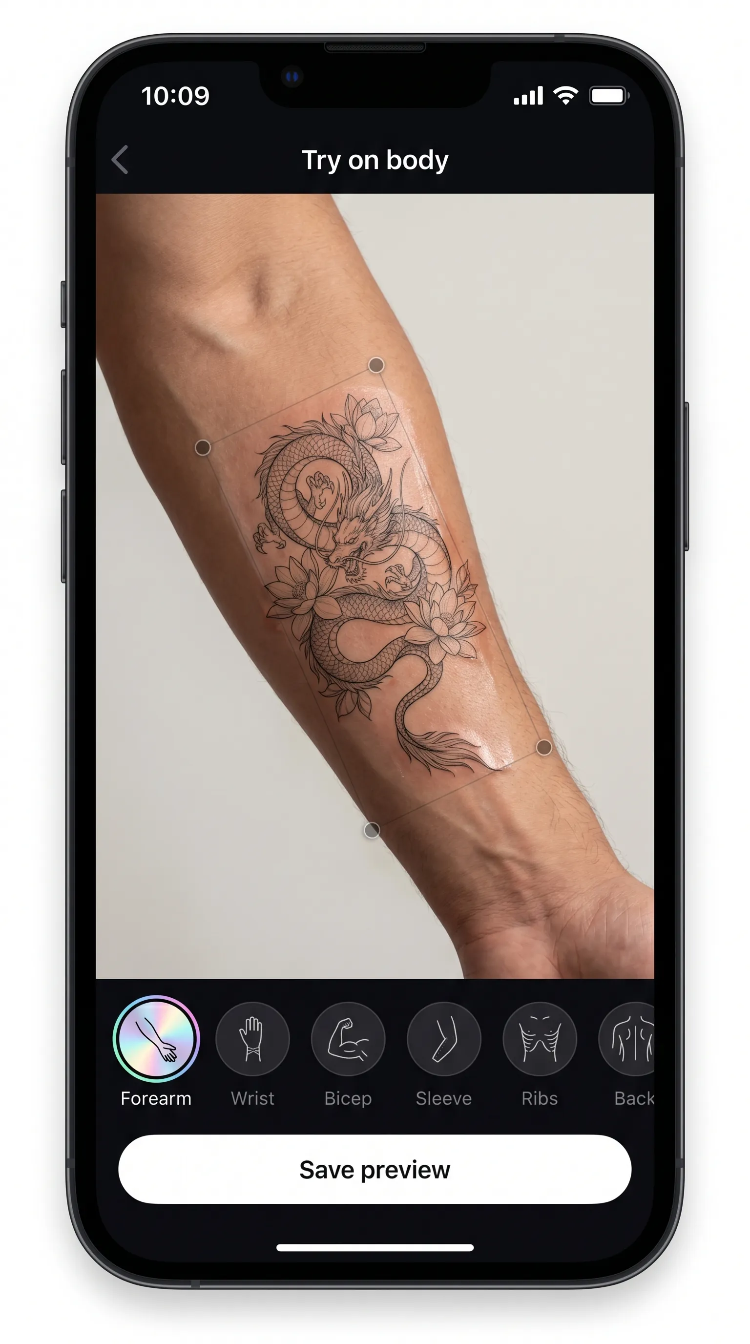Tattoo Genie app — Tenine düşüşünü gör.