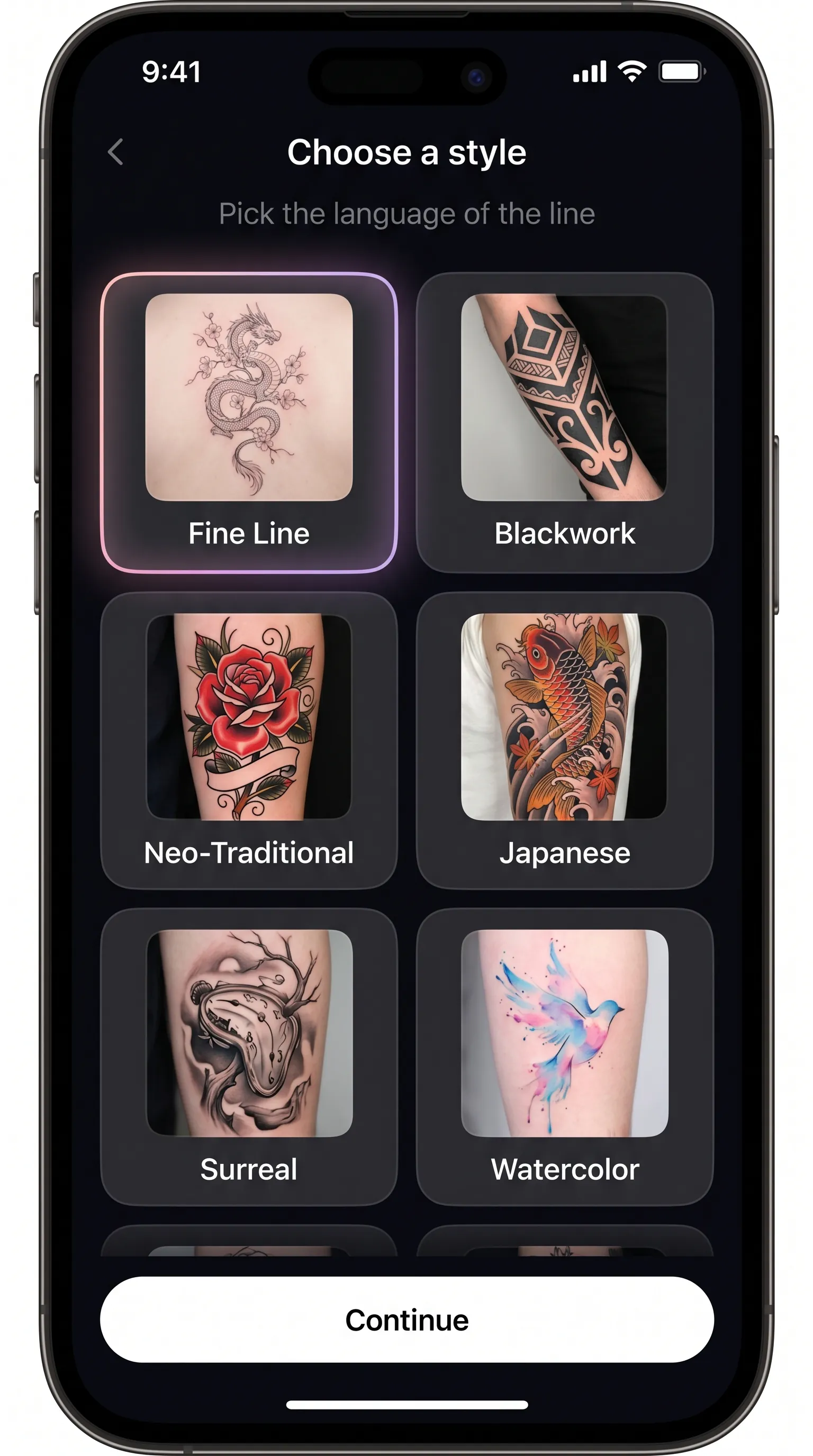 Tattoo Genie app — Çizginin dilini seç.
