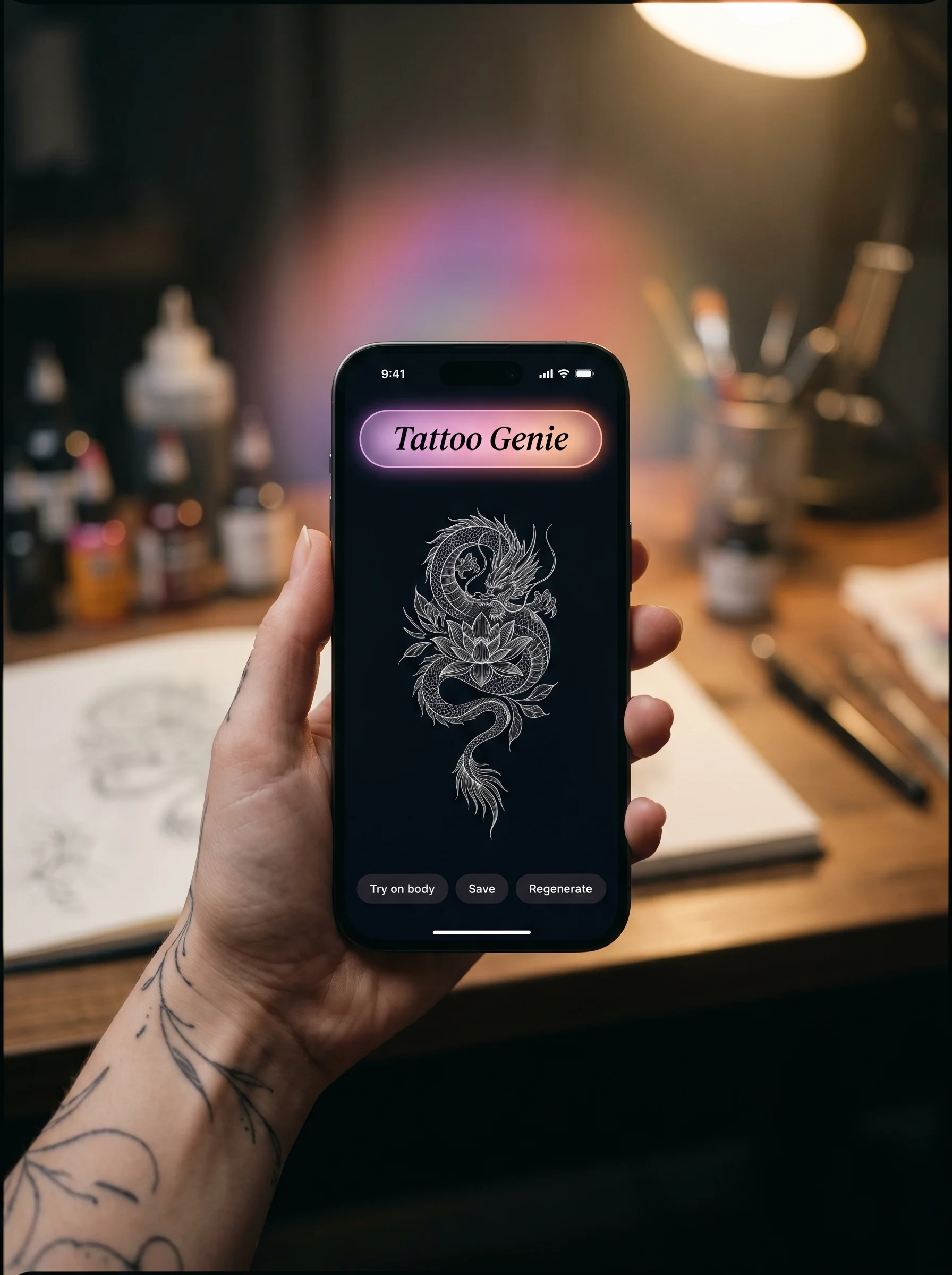 Tattoo Genie app — generating a fine line tattoo design